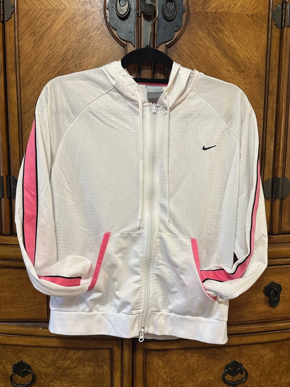 Nike Dri-FIT White Pink Full Zip Hooded Jacket Medium Running Workout Hoodie - Picture 2 of 5
